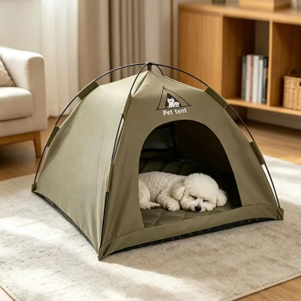 Beige tragbares Katzenhaus für Haustiere auf einem hellen Teppich drinnen aufgebaut.