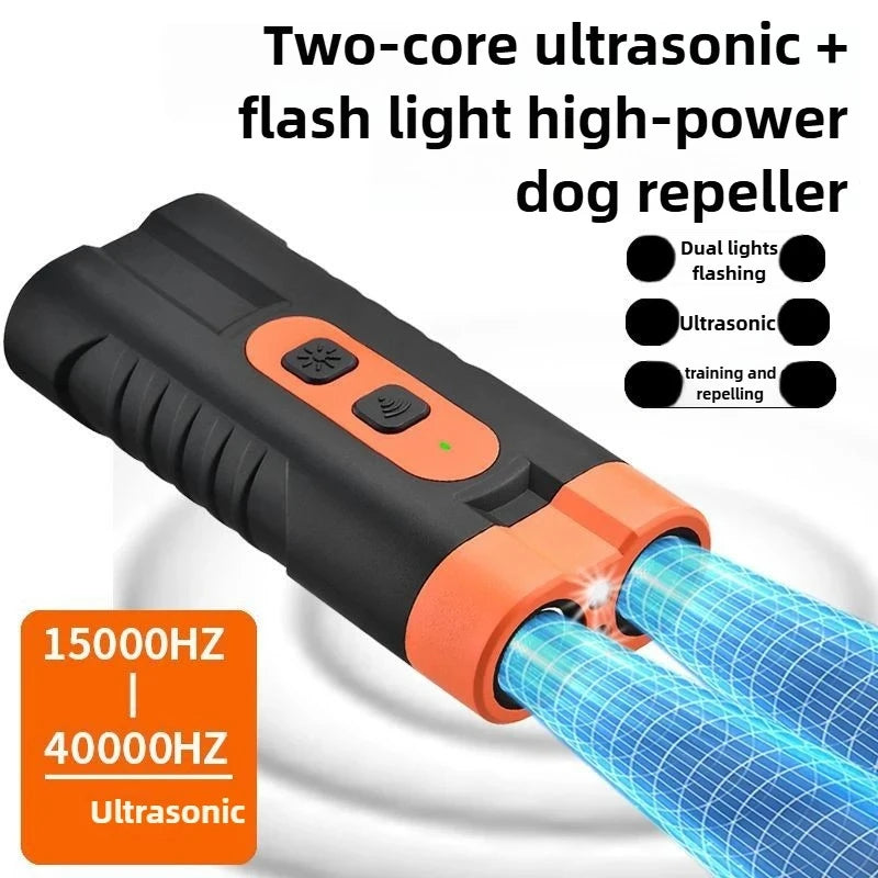 A black ultrasonic dog repeller device with dual flashing lights and a large orange tip is shown against a white background.