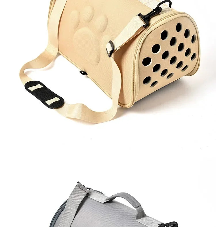 A tan breathable pet carrier bag for cats and small dogs with a padded design and mesh ventilation.