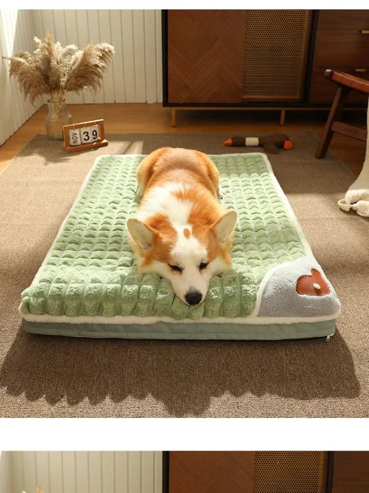 An orange and white dog is resting on a green orthopedic memory foam dog bed on a brown carpet.