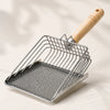 Stainless steel cat litter scoop with a wooden handle and fine mesh sifter
