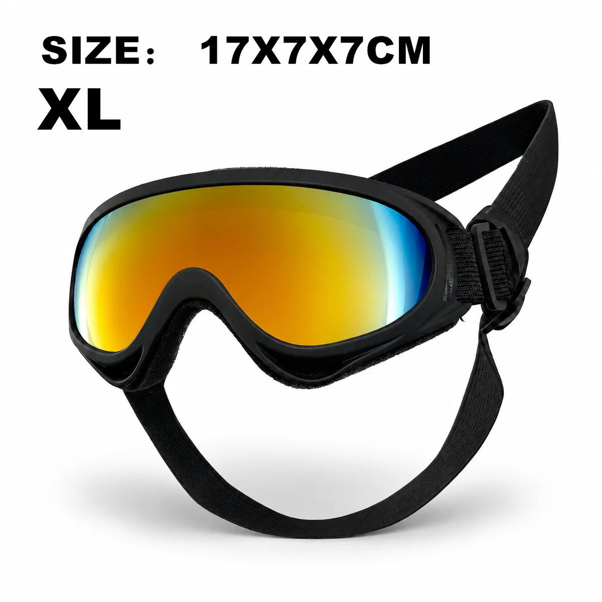 Black adjustable dog pet goggles with orange-tinted lenses shown against a white background.