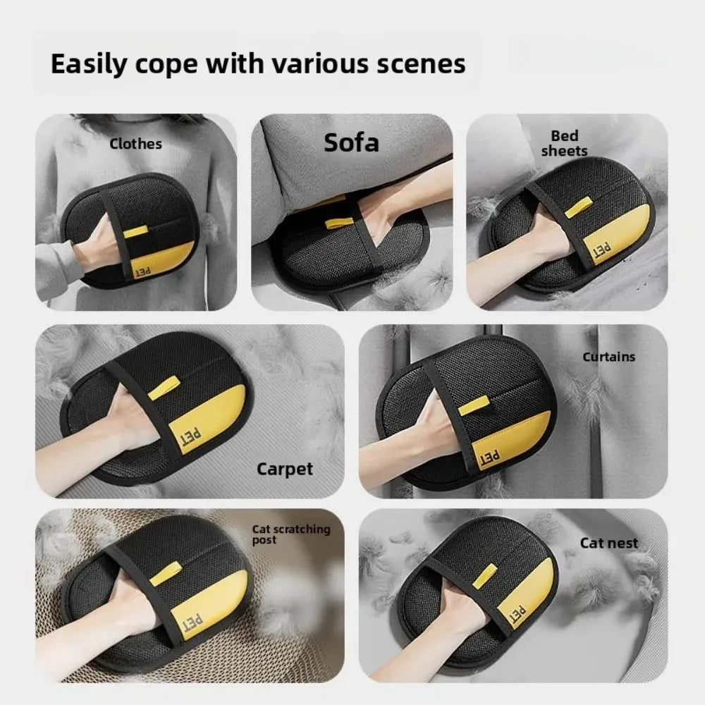 A black reusable pet grooming glove with a yellow accent shown in various scenes like on clothes, sofa, bed sheets, carpet, s