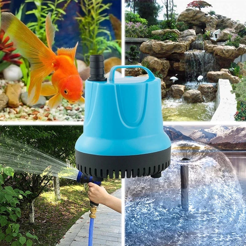 A blue submersible aquarium water pump is shown spraying water in a garden setting next to an orange fish and a natural rock 