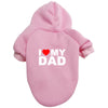 A pink plush coat with the text I love my dad printed on it.