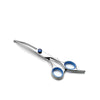 A pair of professional stainless steel pet grooming scissors with blue handles.