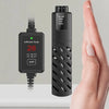 A black quartz aquarium submersible heater with an indicator lamp showing 28 degrees.