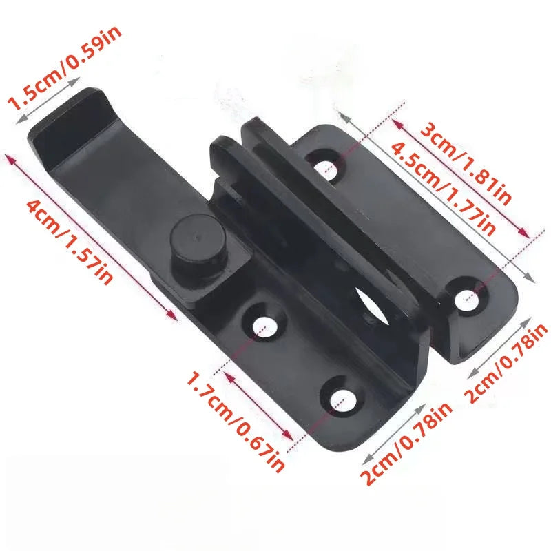 Black sliding bolt lock with various dimensions shown on a white background.