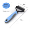 A blue pet deshedding brush with a black comb and a light gray handle, showing its dimensions.