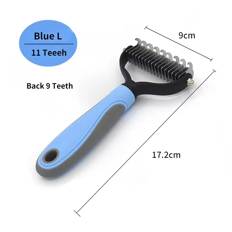 A blue pet deshedding brush with a black comb and a light gray handle, showing its dimensions.