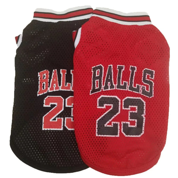 A red and black breathable mesh dog basketball costume for a pet.