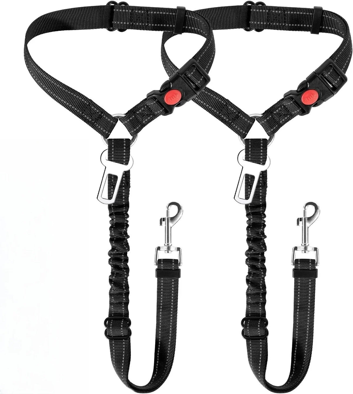 Black adjustable dog car seat belt with elastic bungee buffer