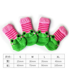 A set of pink and green striped knitted pet shoes for dogs and cats in various sizes