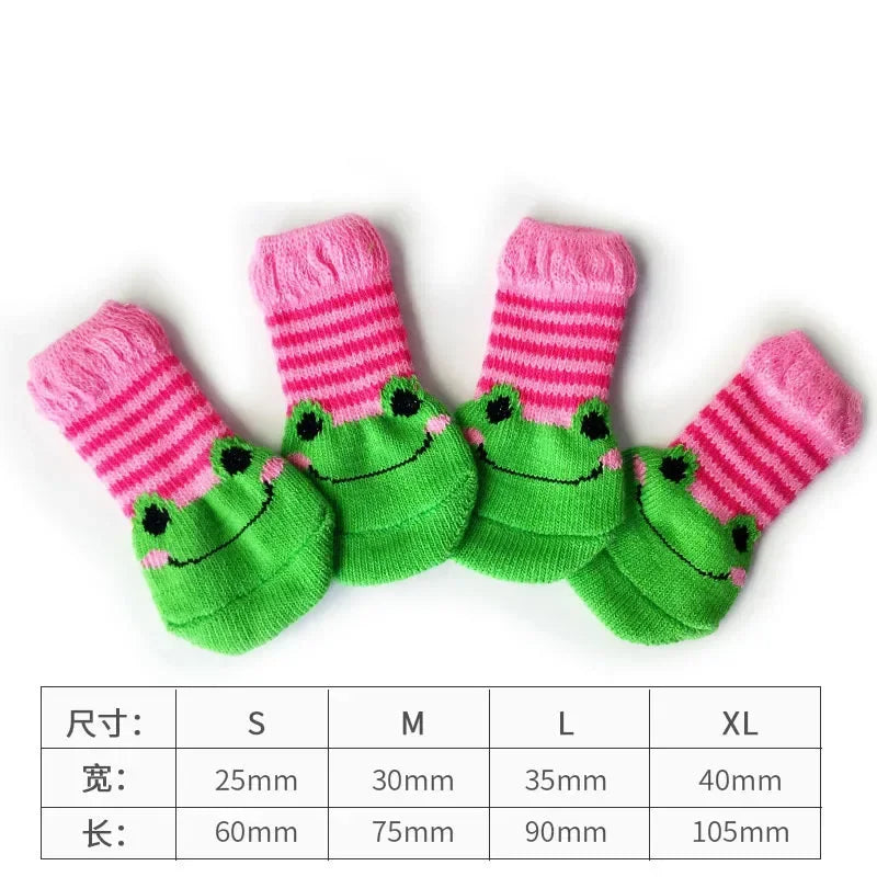 A set of pink and green striped knitted pet shoes for dogs and cats in various sizes