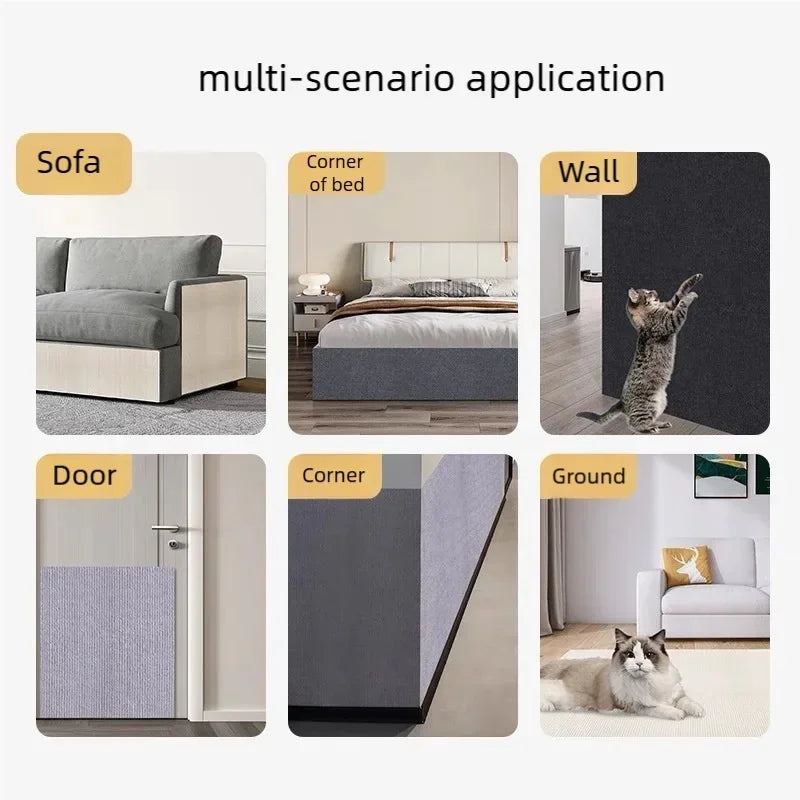 Various applications of a self-adhesive cat scratching mat including sofa, wall, door, corner, and ground