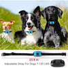 An adjustable strap for dogs, shown next to three dogs in a grassy field.