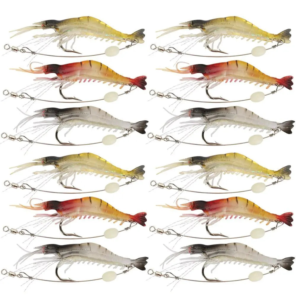 A collection of luminous soft shrimp lures for fishing, shown in various colors and angles.