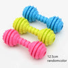 A set of colorful rubber chew toys for dogs, including blue, yellow, and pink varieties.