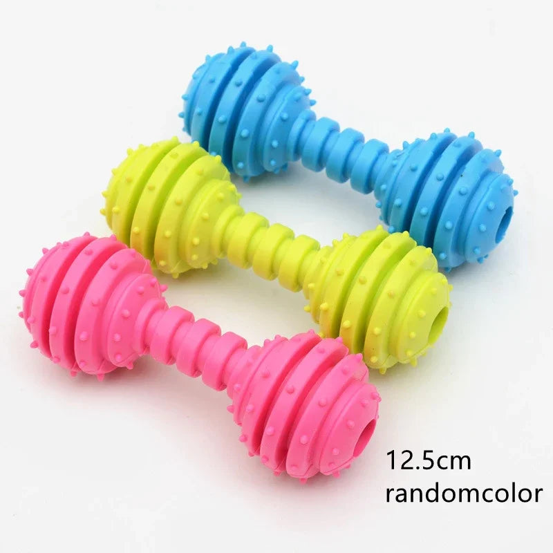 A set of colorful rubber chew toys for dogs, including blue, yellow, and pink varieties.