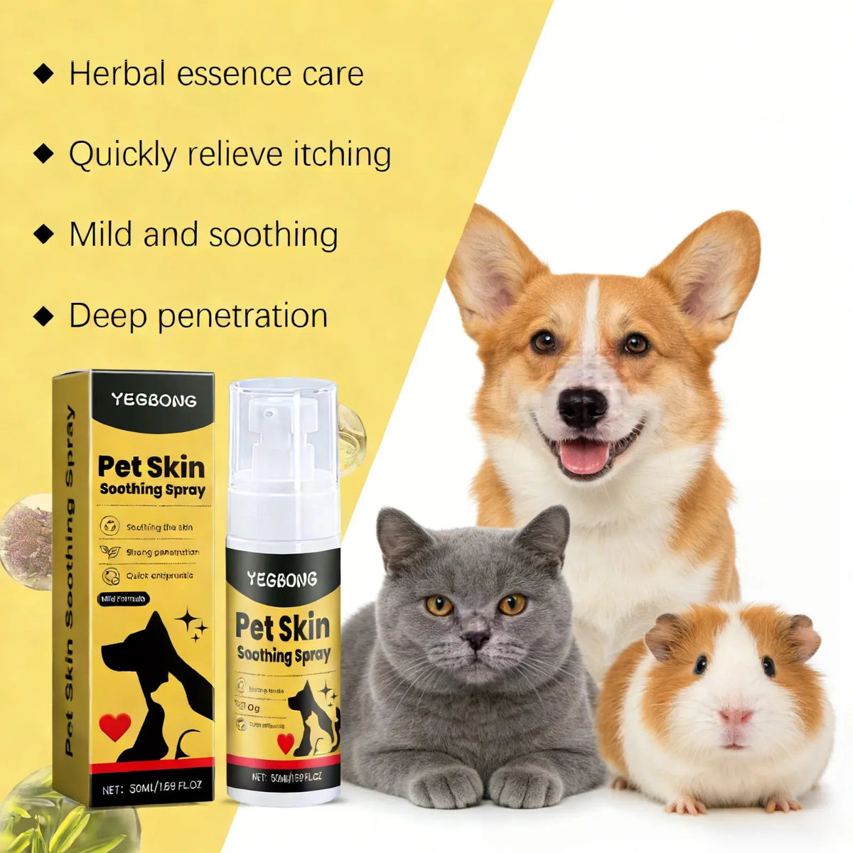 Eine Flasche Pet Skin Soothing Spray neben einem Hund und einer Katze