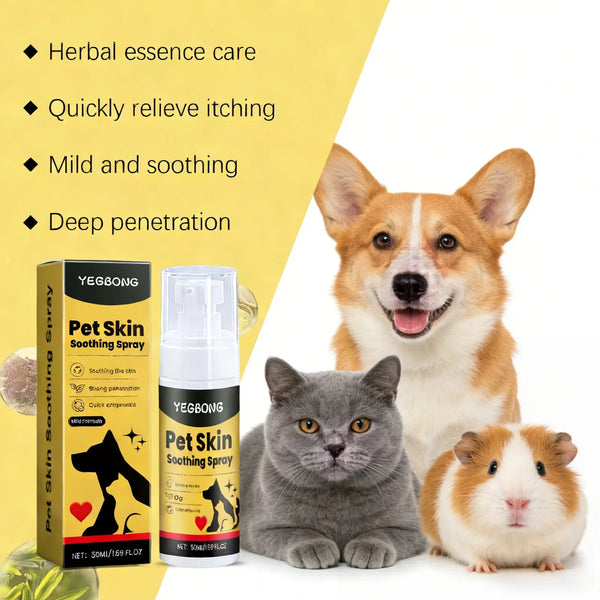 A bottle of Pet Skin Soothing Spray is shown next to a dog and a cat.