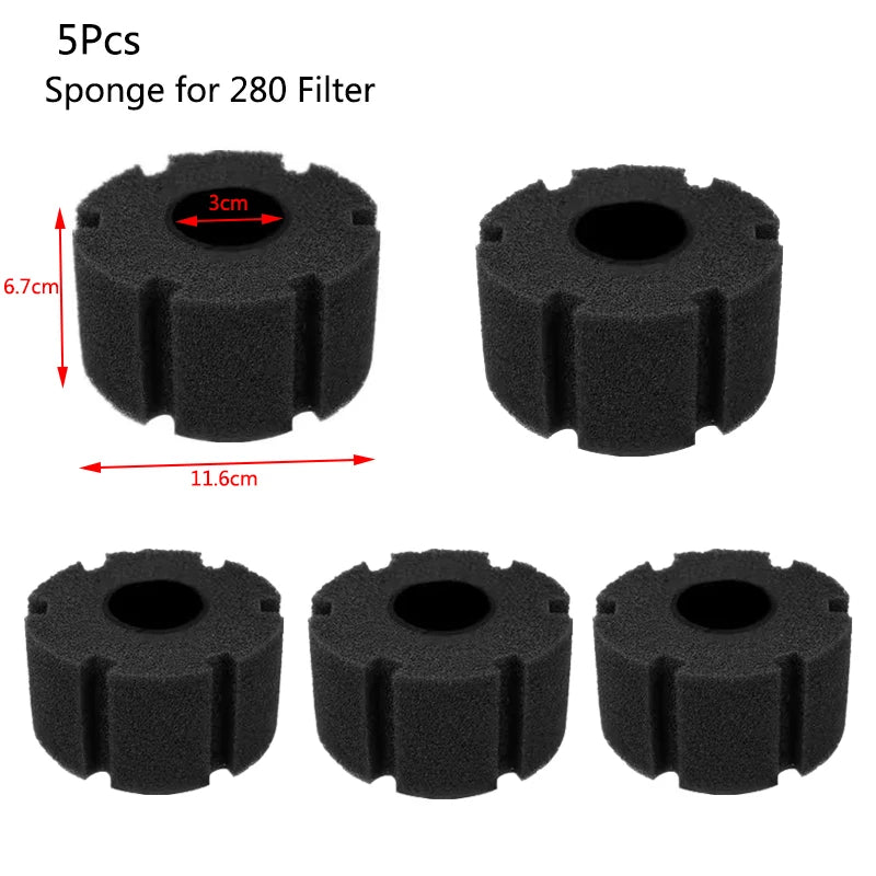 Five black sponges designed for a 280 filter, shown in various views.