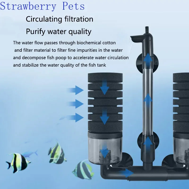 A black aquarium bio sponge filter system with a vertical flow tube and an attached surface skimmer.
