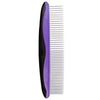 A purple stainless steel pet grooming comb with fine teeth.