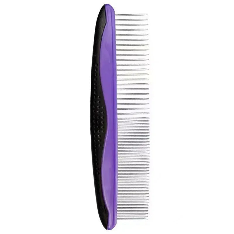 A purple stainless steel pet grooming comb with fine teeth.