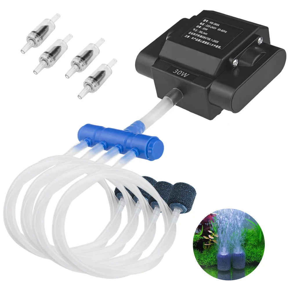 A black aquarium air pump with a 30W motor, tubing, and accessories for water circulation.