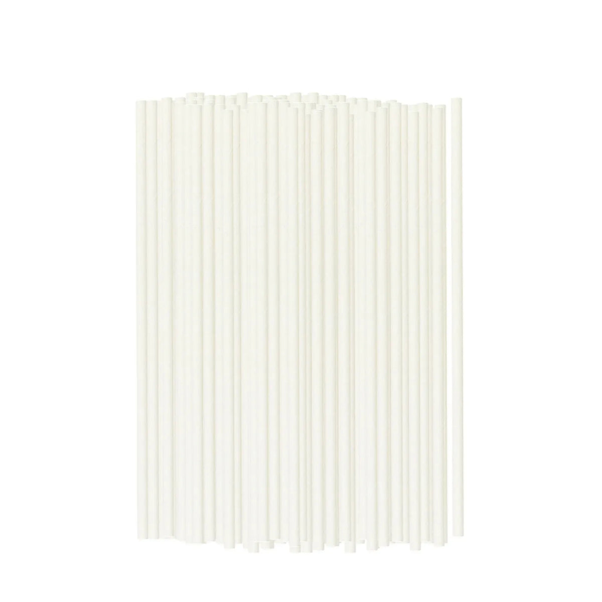 A pack of white biodegradable paper straws standing upright in a vertical arrangement.