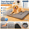A golden retriever lies on a gray waterproof Oxford dog mat with cushioned support, demonstrating its durability and comfort.