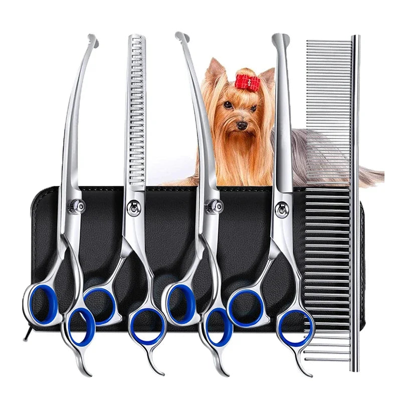 A set of professional stainless steel pet grooming scissors displayed next to a small dog.
