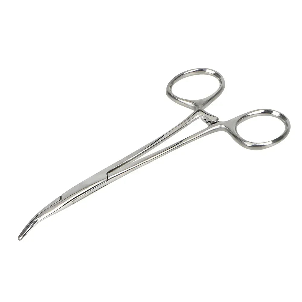 Stainless steel pet ear hair tweezers with a curved tip.