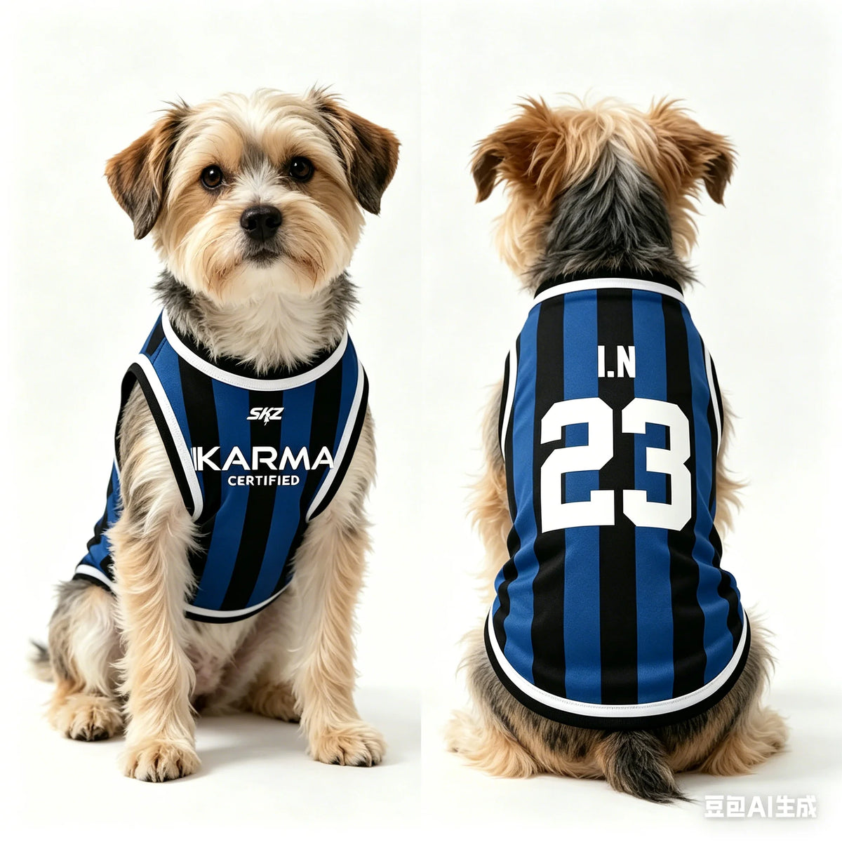 A small dog wearing a blue and black striped tank top for summer walks.