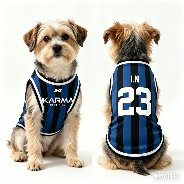 A small dog wearing a blue and black striped tank top for summer walks.