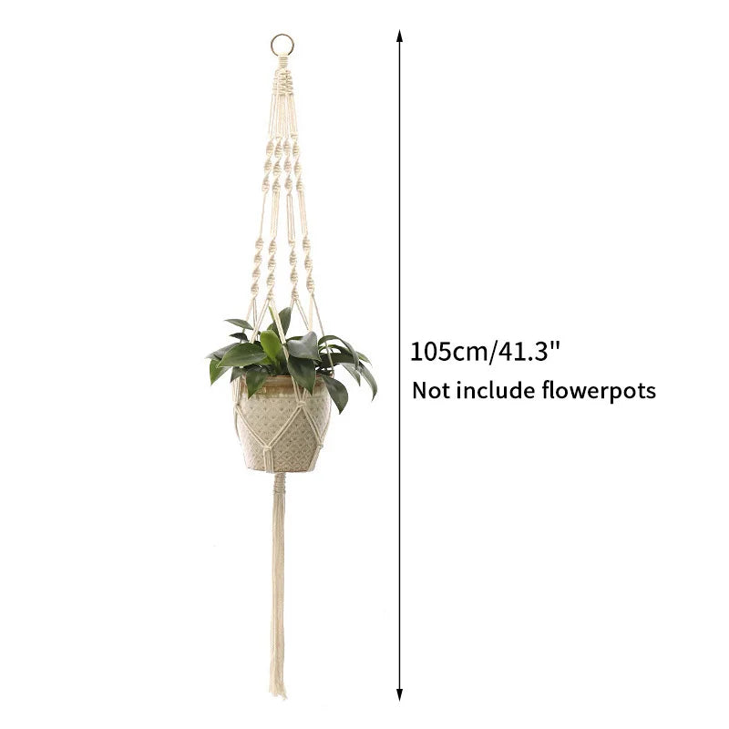 Macrame plant hanger with a woven pot and hanging macrame cord for indoor or outdoor decor
