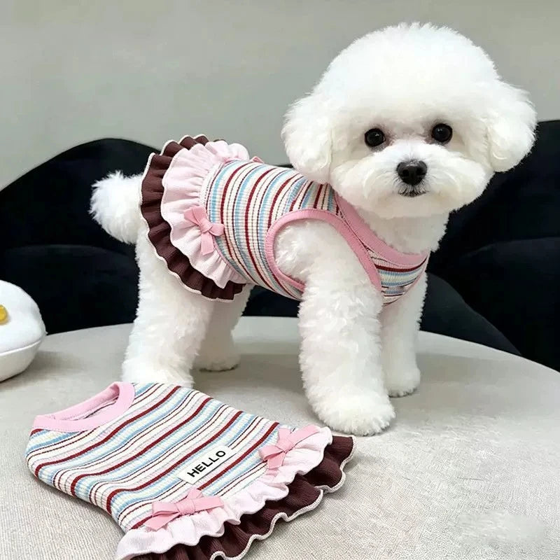 A white poodle wearing a striped dog dress with a pink bowknot and ruffle trim.