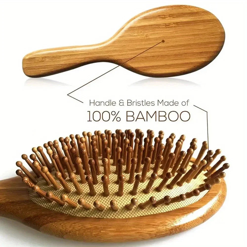 A wooden hair brush with bamboo bristles shown from above and below.