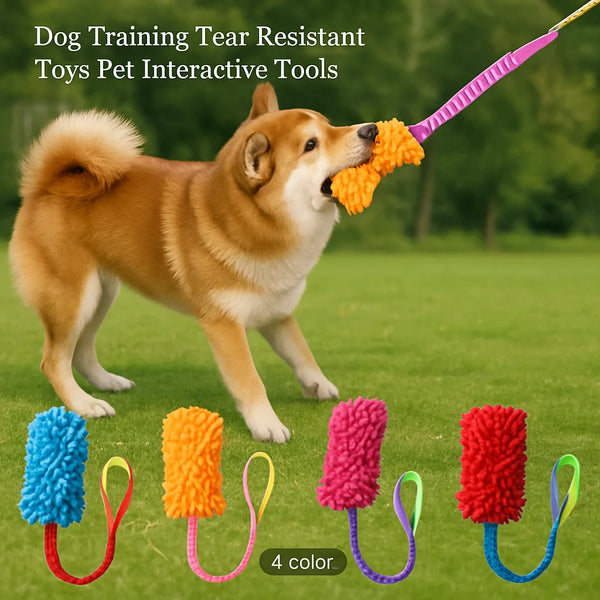 A golden dog is holding a bright orange tear resistant plush toy rope for pet interaction.