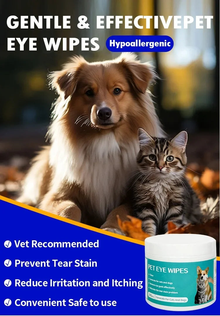 Ein flauschiger Hund und eine Kätzchen sind neben einem Paket sanfter hypoallergener Augenputzwipes für Haustiere abgebildet.