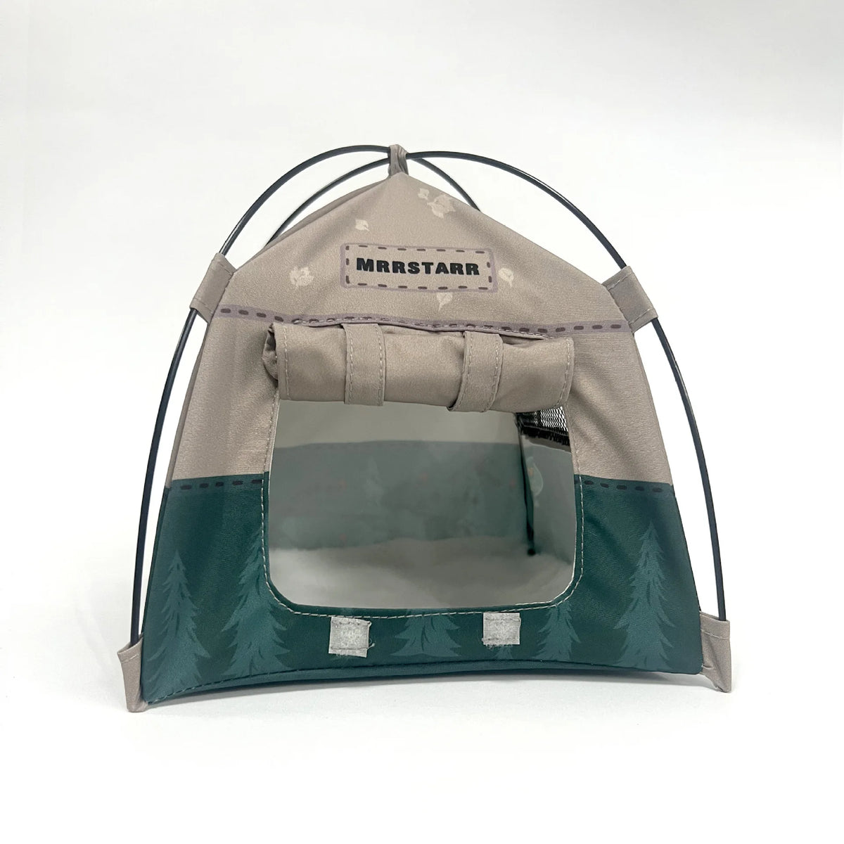 A beige and teal breathable mesh foldable pet tent with a clear window and a fabric flap.