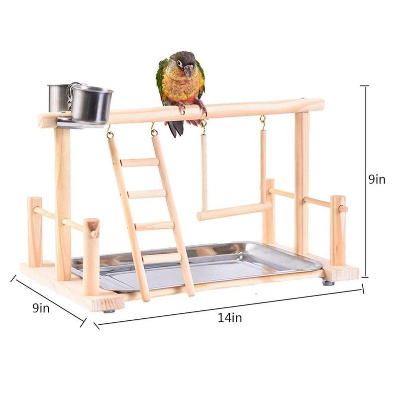 A wooden multi-level bird activity center featuring a perch and hammock for birds.