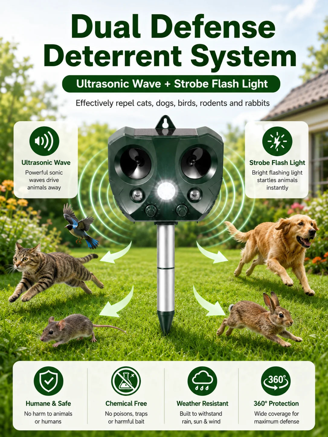 A dual defense deterrent system featuring an ultrasonic wave and strobe flash light targeting animals.