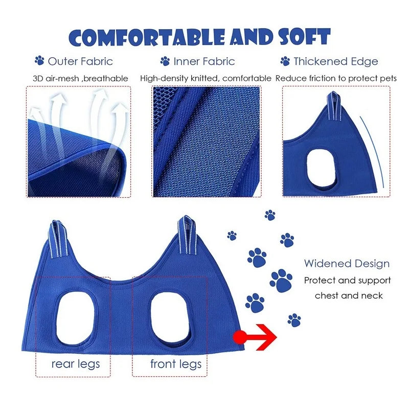 Blue pet nail trimming hammock designed with a widened design to protect and support the cat's chest and neck.