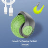 A green smart pet teasing cat ball toy with a yellow attachment shown against a blue background.