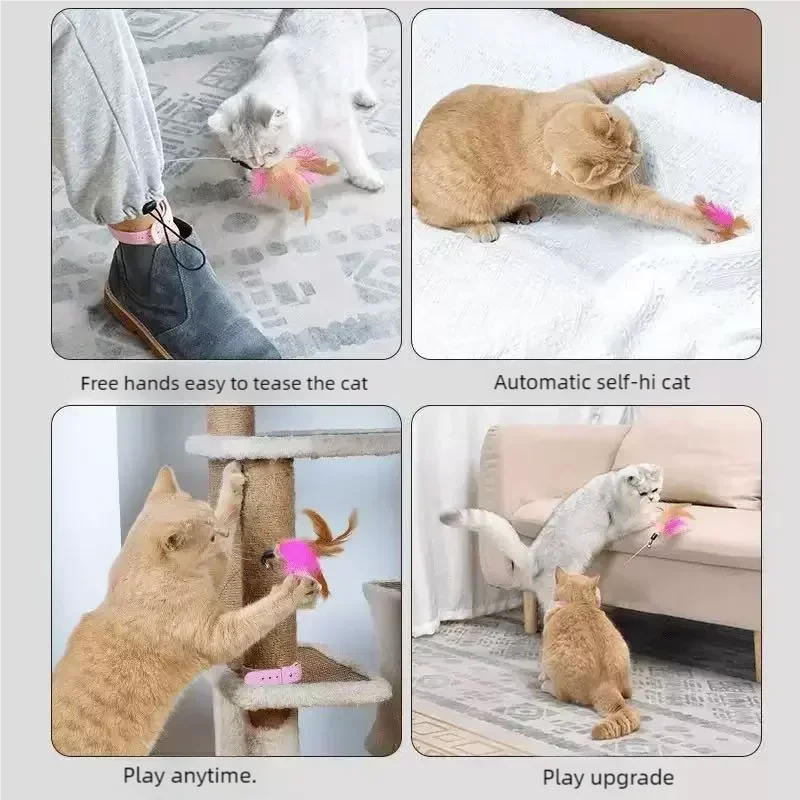 A set of feather cat teaser wands and toys shown in various uses for playing with cats.