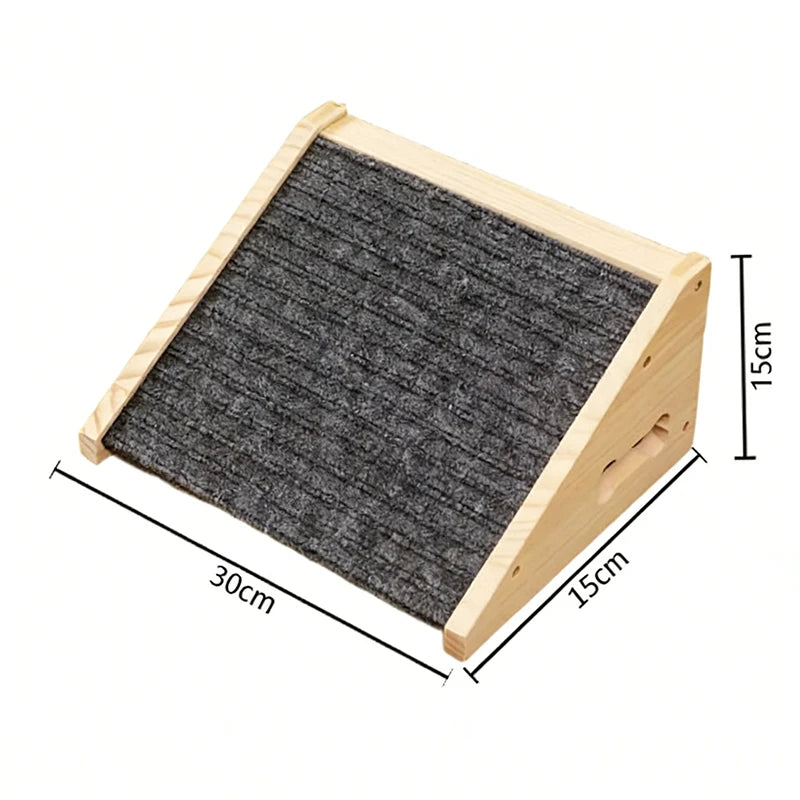 Solid wood pet stairs with non-slip steps featuring a gray textured surface and natural wood frame.