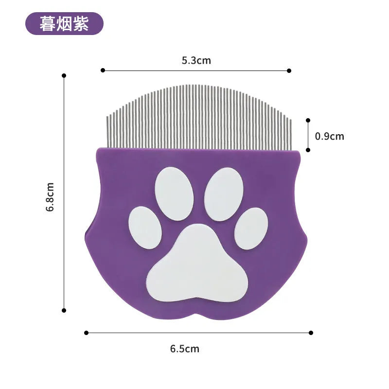 Purple mini pet grooming comb with a paw shape for dogs and cats
