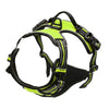 A bright neon yellow dog harness with black straps and reflective strips shown against a white background.